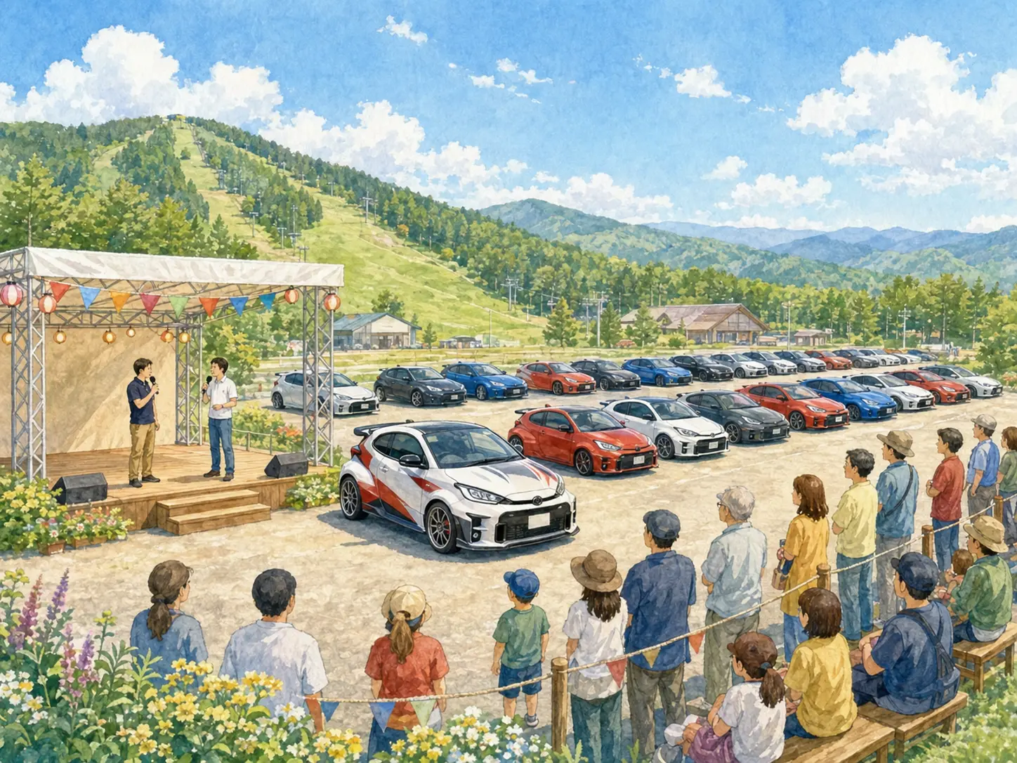 GRヤリスの開発秘話トークショー、開発車両、オーナーズクラブ展示を描いた平谷会場イラスト