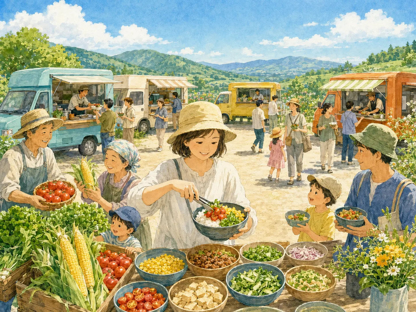地元農家の食材を選び、自分だけの丼を作るLOCAL MIX BOWLのイラスト